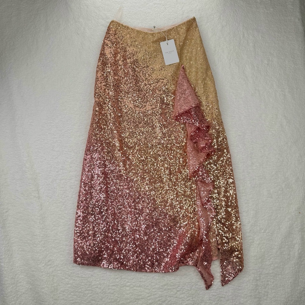Ted Baker Velina Asymmetric Hem Sequin Embellished Midi Skirt Sz 1 NWT - Picture 2 of 10